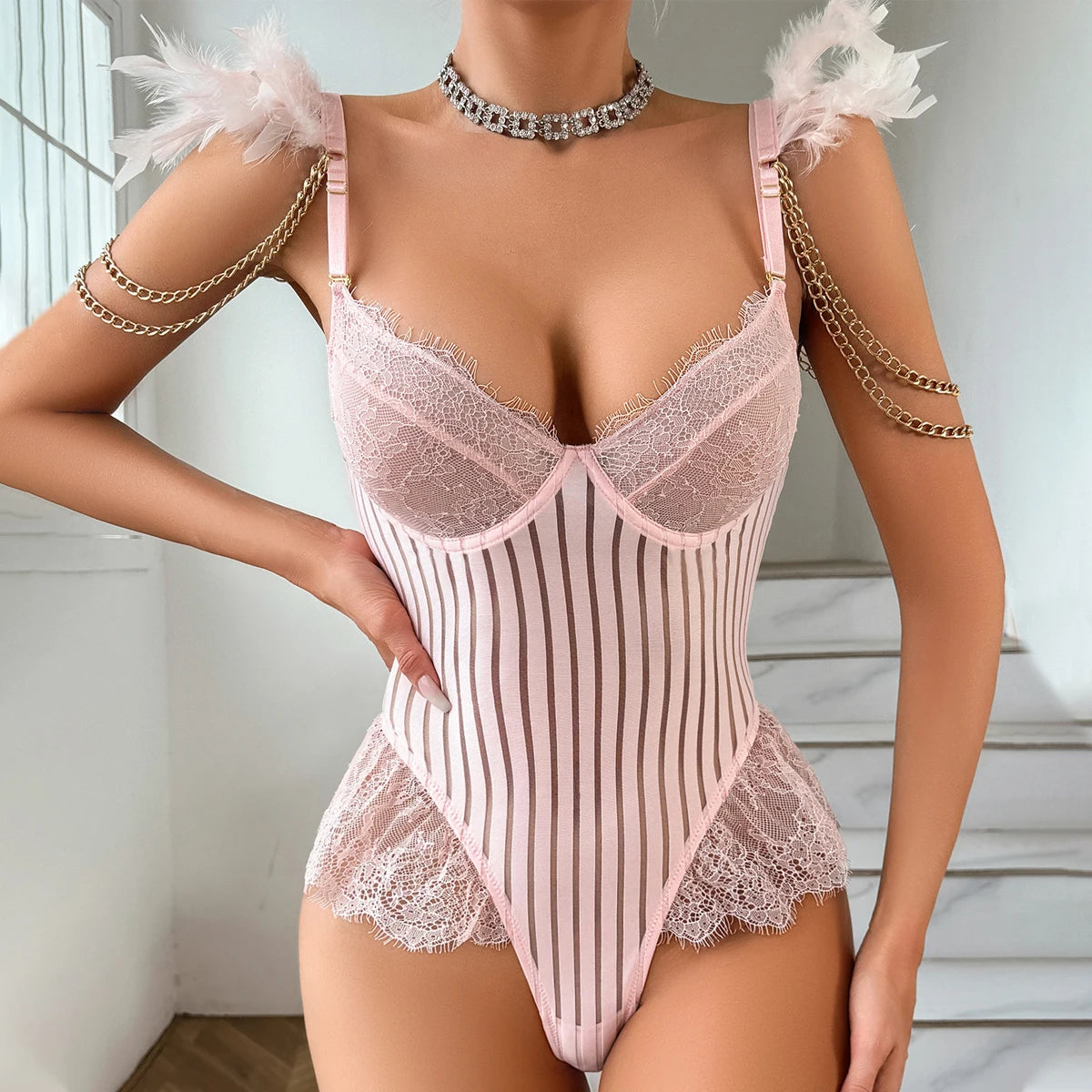 U-Shaped Backless Feather Bodysuit