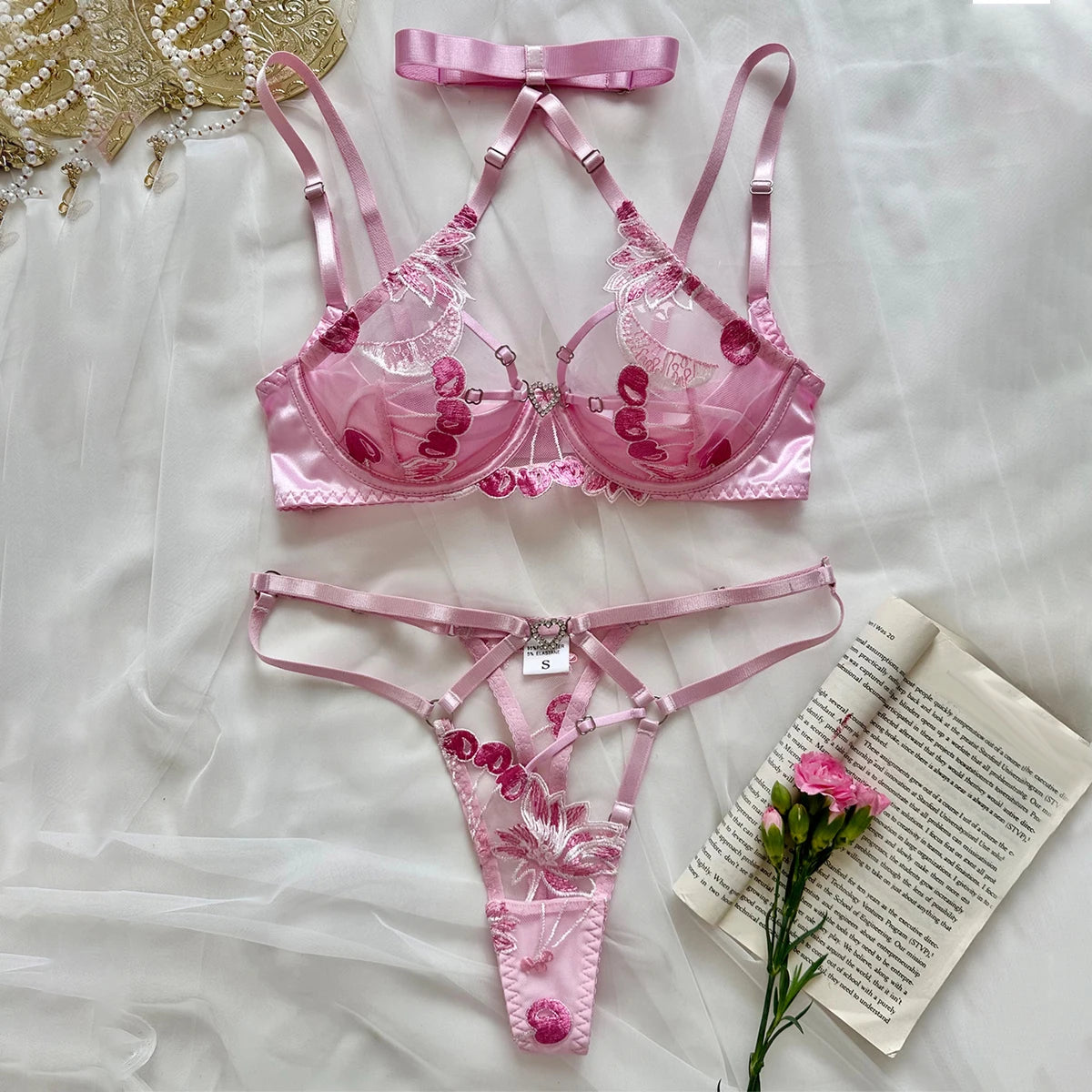 Pink Floral Cherry Lingerie Set